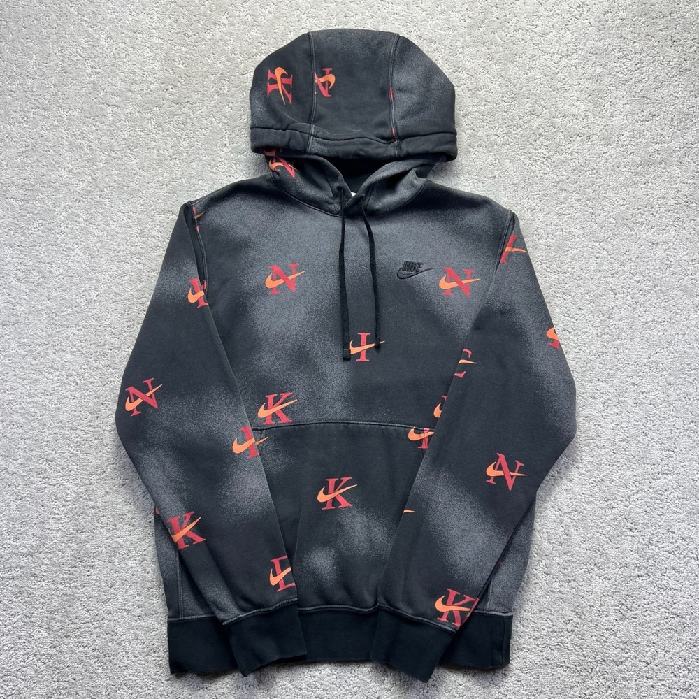 Nike Hoodie Mens Small Black Gray Acid Wash All Over Logo Print Pullover Sporty
